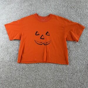 Vintage Stedman Shirt Womens Large Crop Top Orange Jack O Lantern Pumpkin Tee